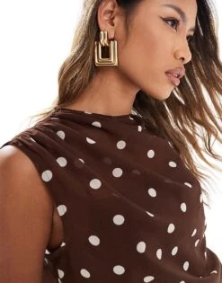 Abercrombie & Fitch High Neck Sheer Layered Top In Brown Polka Dot For Women -Abercro Clothing Shop 206674512 4