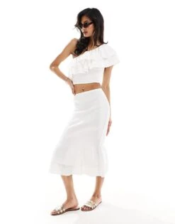 Abercrombie & Fitch Co-ord One Shoulder Ruffle Top And Midi Skirt In White