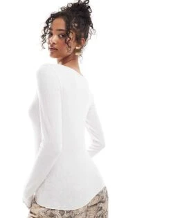 Abercrombie & Fitch Long Sleeve Ribbed Top With Slash Neck In Off White For Women -Abercro Clothing Shop 206939905 4