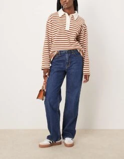 Abercrombie & Fitch High Rise Loose Fit Straight Leg Jean In Dark Blue Wash For Women