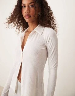 Abercrombie & Fitch Sheer Ribbed Button Up Long Sleeve Polo In Off White For Women -Abercro Clothing Shop 206940379 1 offwhite 1
