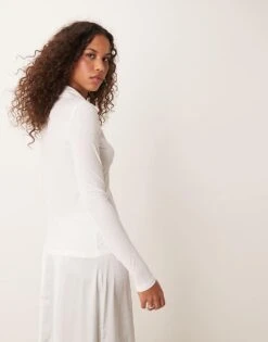 Abercrombie & Fitch Sheer Ribbed Button Up Long Sleeve Polo In Off White For Women -Abercro Clothing Shop 206940379 3