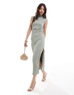 Abercrombie & Fitch Paloma Mock Neck Sleeveless Midi Dress In Olive Green For Women