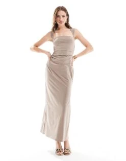 Abercrombie & Fitch Square Neck Maxi Dress In Grey For Women Taupe Grey