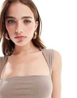 Abercrombie & Fitch Square Neck Maxi Dress In Grey For Women Taupe Grey -Abercro Clothing Shop 206941040 3