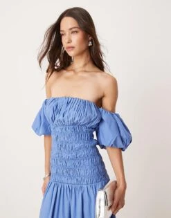 Abercrombie & Fitch Off The Shoulder Smocked Low Waist Maxi Dress In Blue Tile Print For Women -Abercro Clothing Shop 206941088 3