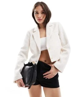 Abercrombie & Fitch Crop Tweed Blazer In Cream For Women