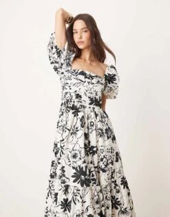 Abercrombie & Fitch Emerson Floral Midi Dress With Puff Sleeves In Black/white For Women Black Floral -Abercro Clothing Shop 206941141 1 blackfloral 1