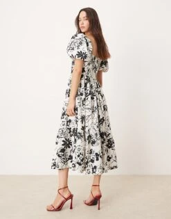 Abercrombie & Fitch Emerson Floral Midi Dress With Puff Sleeves In Black/white For Women Black Floral -Abercro Clothing Shop 206941141 4
