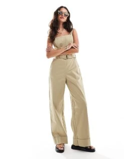 Abercrombie & Fitch Chino Jumpsuit In Olive With Tie Waist For Women Olive Grey