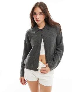 Abercrombie & Fitch Collared Cardigan In Dark Grey For Women Charcoal