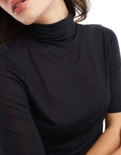 Abercrombie & Fitch Half Sleeve Sheer Jersey Top With Mock Neck In Black For Women -Abercro Clothing Shop 206962787 3