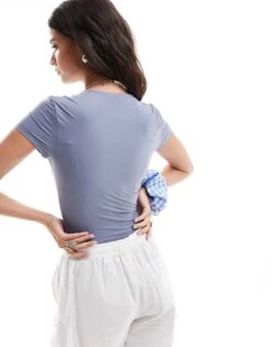 Abercrombie & Fitch Cool Matte T-shirt Bodysuit In Blue For Women Dusky Blue -Abercro Clothing Shop 206962795 4