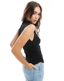 Abercrombie & Fitch Ruched Mock Neck Mesh Top In Black For Women -Abercro Clothing Shop 206962811 2