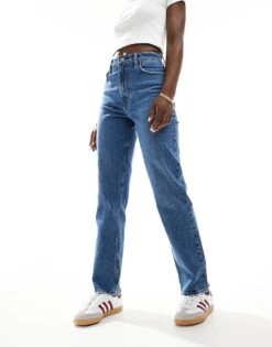 Abercrombie & Fitch Curve Love 90s Straight Ultra High Rise Jean In Dark Blue For Women Mid Wash Blue