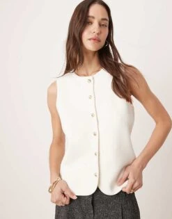 Abercrombie & Fitch Knitted High Neck Cardigan Vest In Cream With Gold Buttons For Women -Abercro Clothing Shop 206962928 1 cream 1