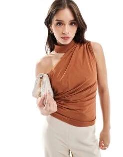 Abercrombie & Fitch One Shoulder Mock Neck Draped Top In Deep Tan For Women Mocha -Abercro Clothing Shop 206962938 1 mocha 1