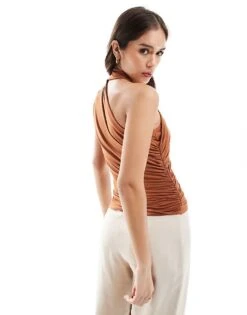 Abercrombie & Fitch One Shoulder Mock Neck Draped Top In Deep Tan For Women Mocha -Abercro Clothing Shop 206962938 4
