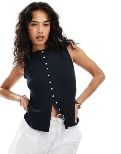 Abercrombie & Fitch Ribbed Slashed Button Through Sleeveless Top In Black For Women -Abercro Clothing Shop 206963161 1 black 1