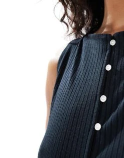 Abercrombie & Fitch Ribbed Slashed Button Through Sleeveless Top In Black For Women -Abercro Clothing Shop 206963161 4