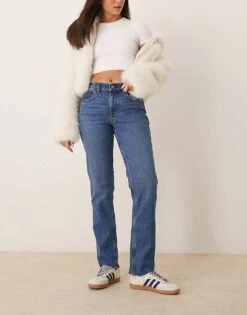 Abercrombie & Fitch Curve Love Mid Rise Straight Leg Jeans In Dark Blue For Women