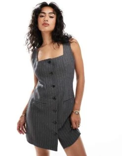 Abercrombie & Fitch Square Neck Tailored Dress With Button Front Detailing In Grey Pinstripe For Women Grey Stripe -Abercro Clothing Shop 206963293 1 greystripe 1