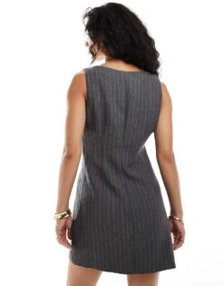 Abercrombie & Fitch Square Neck Tailored Dress With Button Front Detailing In Grey Pinstripe For Women Grey Stripe -Abercro Clothing Shop 206963293 4