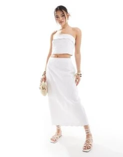 Abercrombie & Fitch Co-ord Linen Scallop Edged Top And Midi Skirt In White