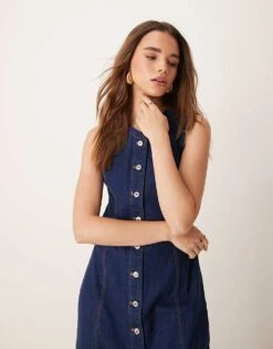 Abercrombie & Fitch Denim Button Through Sleeveless Midi Dress In Dark Denim For Women -Abercro Clothing Shop 207233706 4