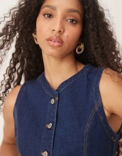 Abercrombie & Fitch Denim Button Through Sleeveless Midi Dress In Dark Blue Wash For Women -Abercro Clothing Shop 207233714 3