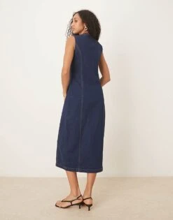 Abercrombie & Fitch Denim Button Through Sleeveless Midi Dress In Dark Blue Wash For Women -Abercro Clothing Shop 207233714 4