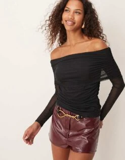 Abercrombie & Fitch Mesh Off Shoulder Long Sleeve Top In Black For Women -Abercro Clothing Shop 207233772 1 black 1