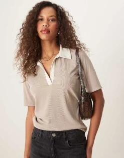 Abercrombie & Fitch Collar Detail V Neck Polo In Beige For Women -Abercro Clothing Shop 207233821 1 beige 1