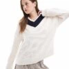 Abercrombie & Fitch Contrast V Neck Chunky Knit Jumper In Cream For Women -Abercro Clothing Shop 207272642 1 cream