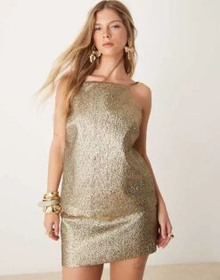 Abercrombie & Fitch Co-ord High Neck Longline Top With Strappy Back In Metallic Gold For Women