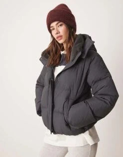 Abercrombie & Fitch Down Filled Heavyweight Mid Length Puffer Jacket In Charcoal For Women