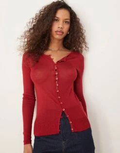Abercrombie & Fitch Sheer Button Through Top In Burgundy For Women Red