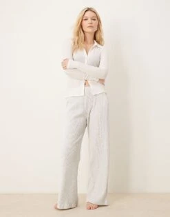 Abercrombie & Fitch Lounge Cozy Wide Leg Rib Jogger Bottom In Heather Grey For Women