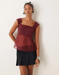Abercrombie & Fitch Sheer Babydoll Cami Top In Burgundy For Women Red