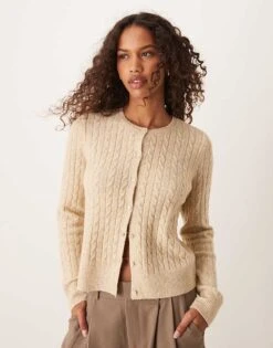 Abercrombie & Fitch Micro Cable Knit Cardigan With Icon Logo In Tan For Women Atmosphere Heather