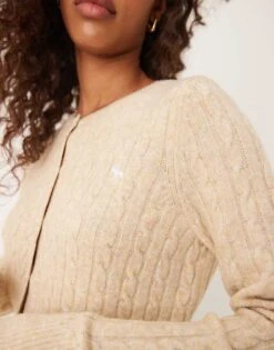 Abercrombie & Fitch Micro Cable Knit Cardigan With Icon Logo In Tan For Women Atmosphere Heather -Abercro Clothing Shop 207342634 3