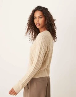 Abercrombie & Fitch Micro Cable Knit Cardigan With Icon Logo In Tan For Women Atmosphere Heather -Abercro Clothing Shop 207342634 4