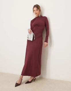 Abercrombie & Fitch High Neck Ruched Wrap Detail Maxi Dress In Burgundy For Women Wine
