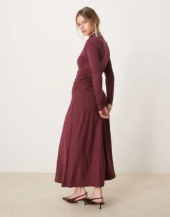 Abercrombie & Fitch High Neck Ruched Wrap Detail Maxi Dress In Burgundy For Women Wine -Abercro Clothing Shop 207342649 3