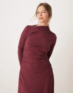 Abercrombie & Fitch High Neck Ruched Wrap Detail Maxi Dress In Burgundy For Women Wine -Abercro Clothing Shop 207342649 4