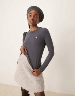 Abercrombie & Fitch Co-ord Icon Logo Long Sleeve Top In Charcoal Grey For Women Asphalt