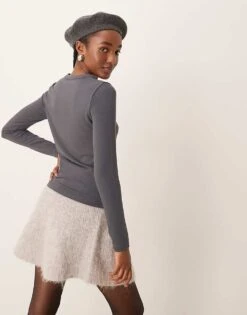 Abercrombie & Fitch Co-ord Icon Logo Long Sleeve Top In Charcoal Grey For Women Asphalt -Abercro Clothing Shop 207342674 3