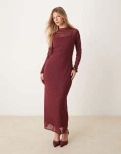 Abercrombie & Fitch Long Sleeve Rhinestone Mesh Midi Dress In Burgundy For Women
