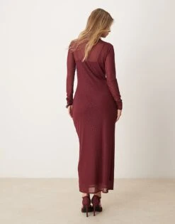 Abercrombie & Fitch Long Sleeve Rhinestone Mesh Midi Dress In Burgundy For Women -Abercro Clothing Shop 207342690 3