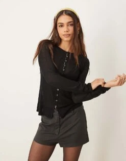 Abercrombie & Fitch Sheer Button Through Top In Black For Women